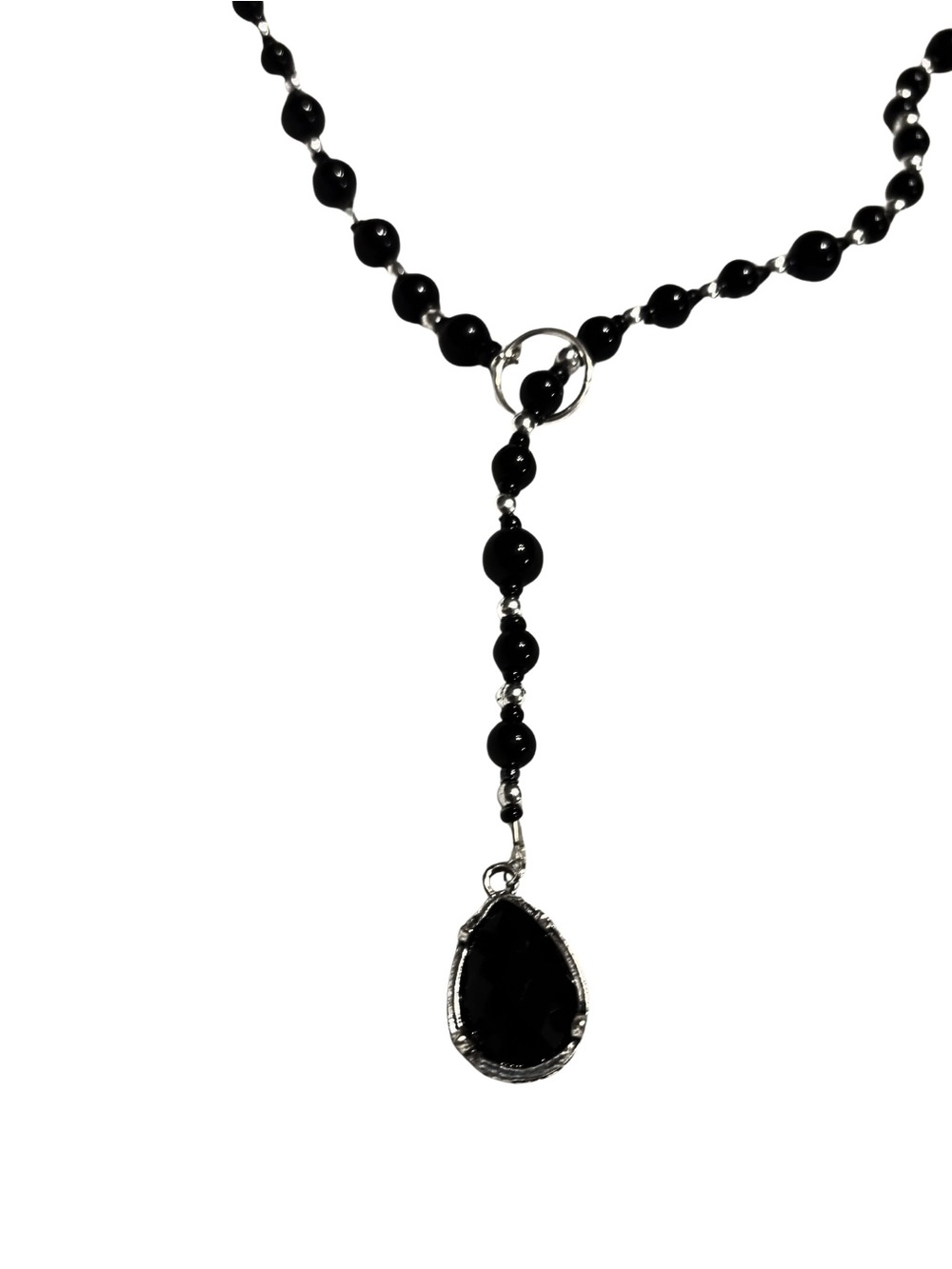 Black Beaded Lariat Drop Pendant Rosary Style Necklace - Women's Jewelry